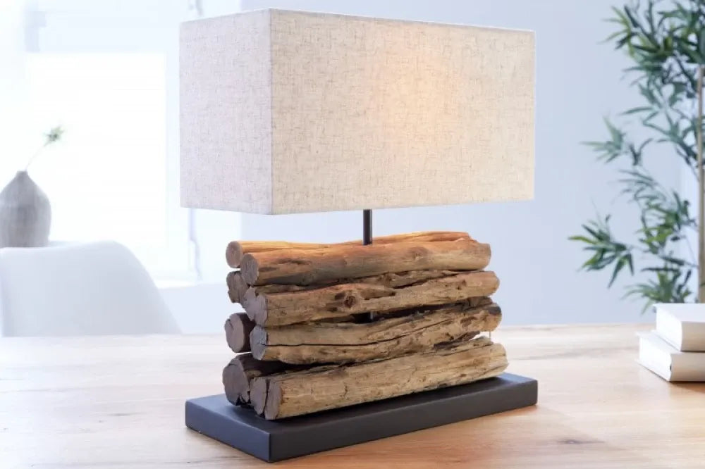 Veioza din Lemn Maro si Textil Bej H40xL35cm Perifere
