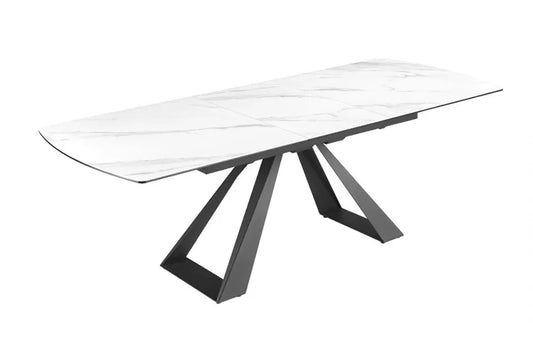 Masa din Sticla securizata/Ceramica Alb cu efect de marmura si Metal Negru L180-230xH77cm Concord