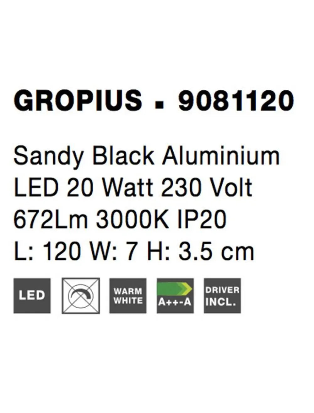 Aplica de perete din Aluminiu Negru H3.5xL120cm IP20 20W 672lm 3000k GROPIUS