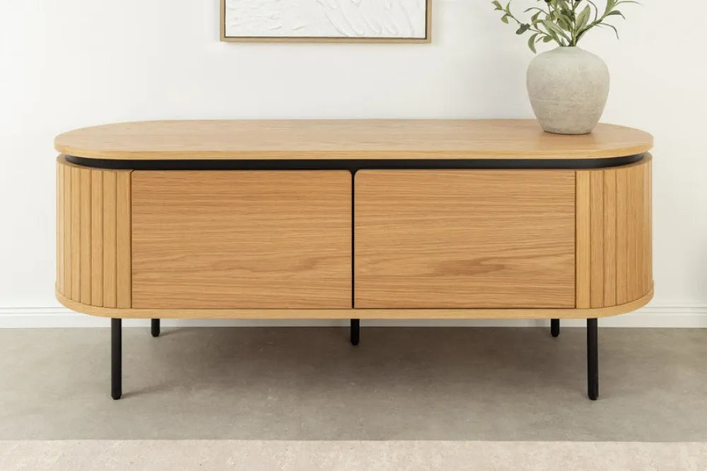 Comoda TV din MDF/Furnir de stejar Maro si Metal Negru L120xH55cm ATELIER