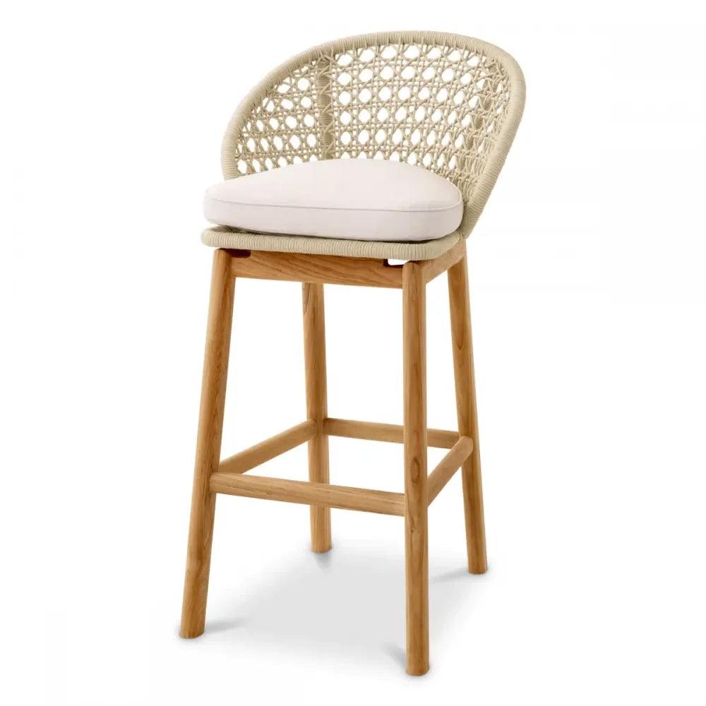 Scaun de bar pentru exterior din Lemn de tec Maro si Stofa Alb H103xL53xA46cm Trinity Eichholtz
