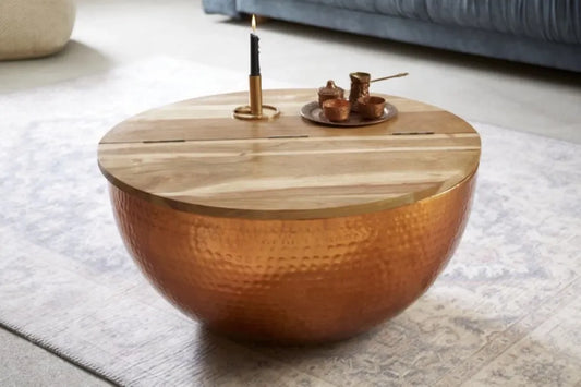 Masuta de cafea Rotunda din Lemn masiv de mango Maro si Metal Cupru D60xH30cm Orient Storage