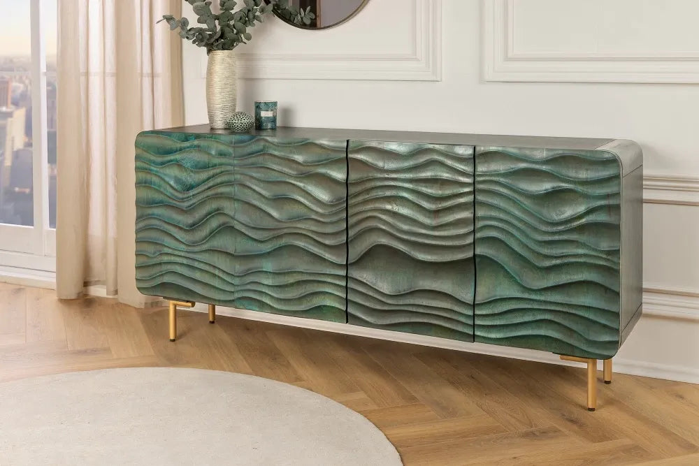 Comoda din Lemn de mango Turcoaz si Metal Auriu L160xH75cm WAVE