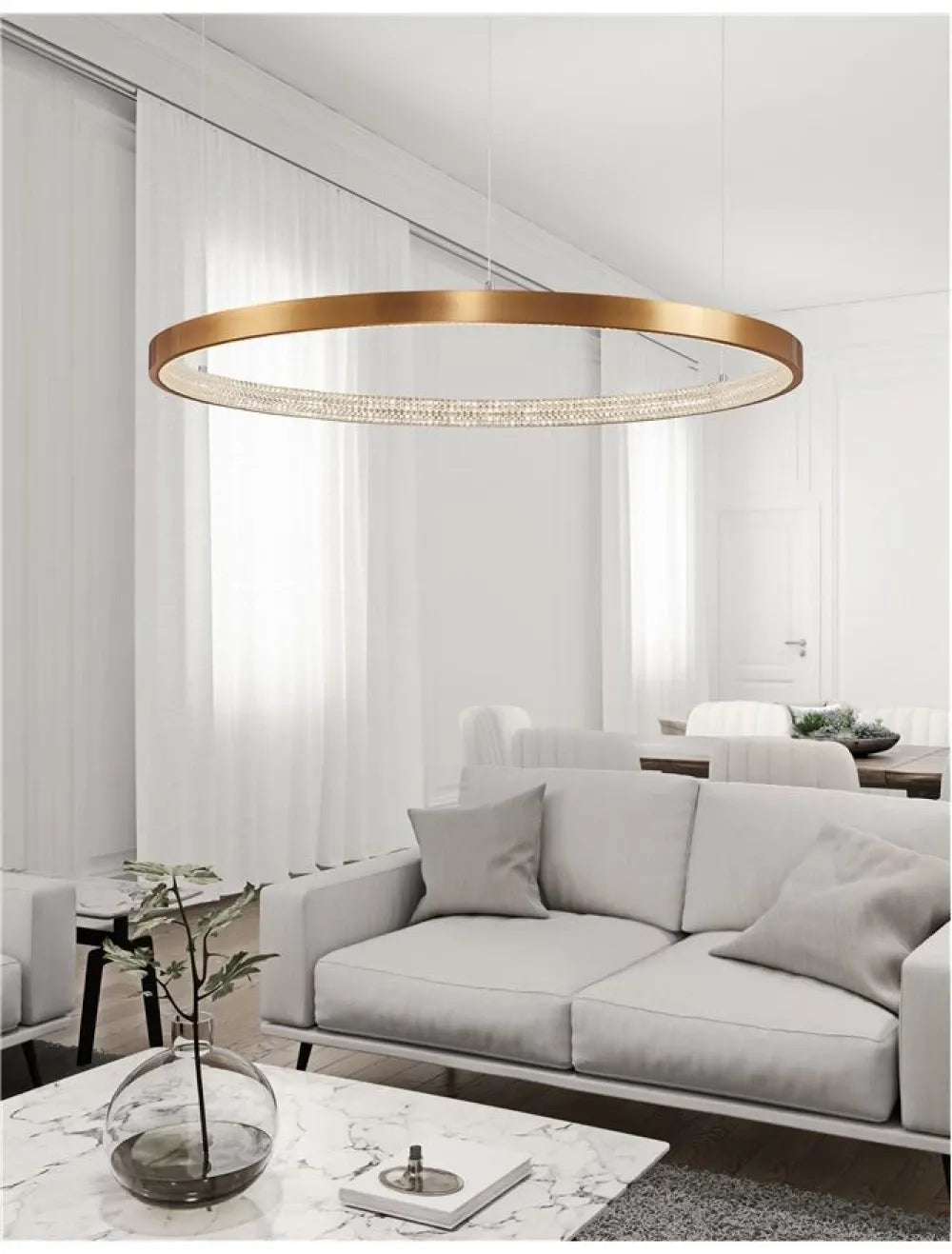 Lustra structura din Aluminiu Auriu antichizat si abajur din Acrilic Transparent H120xL110cm IP20 60W 4030lm 3000k PRESTON