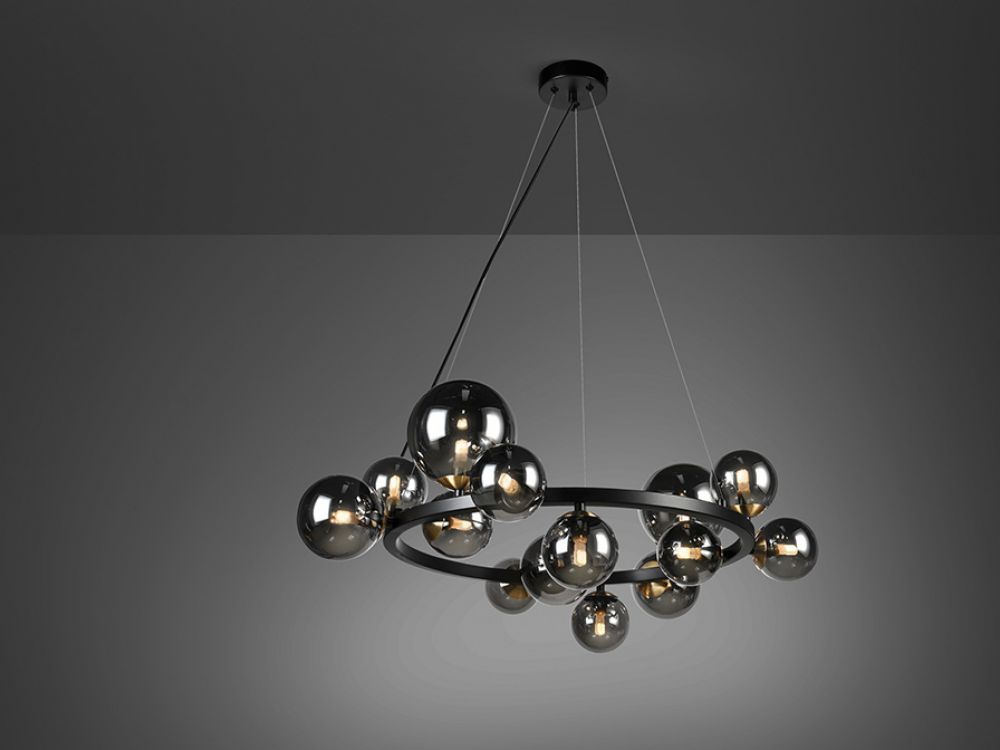 Lustra rotunda din Metal Negru, cu abajur din Sticla Negru, cu 14 becuri G9 Astros