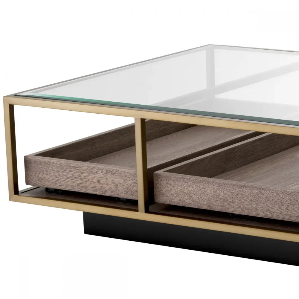 Masuta de cafea Dreptunghiulara din Otel inoxidabil/Furnir de stejar Alama/Maro si Sticla Transparent L180xl90cm Roxton Eichholtz