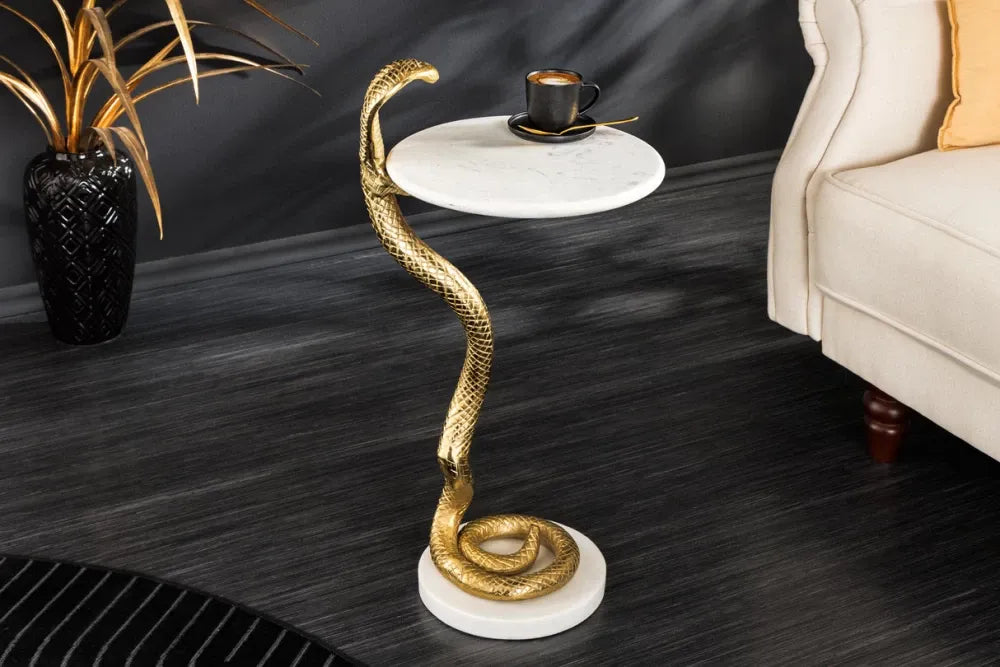 Masuta laterala din Marmura Alb si Metal Auriu L28xH63cm Wildlife cobra