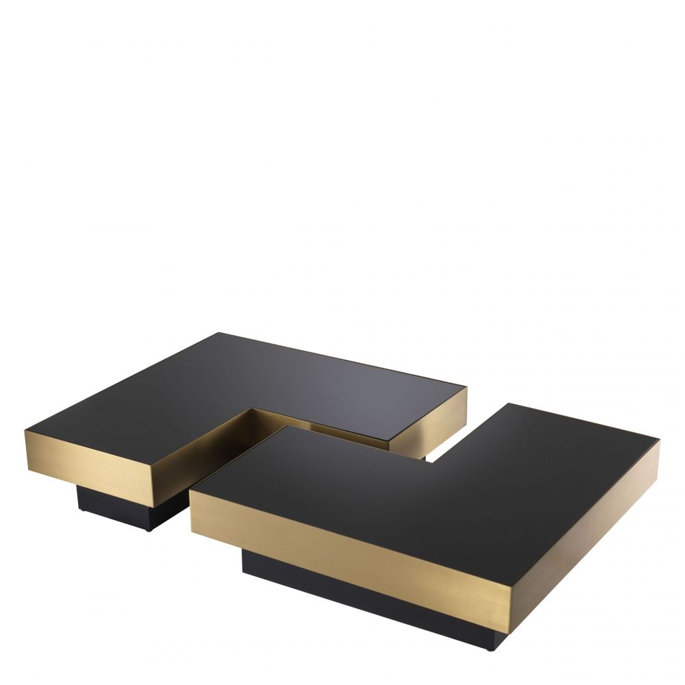 Set 2 masute de cafea cu 2 tavi Asimetrice din Otel inoxidabil si Sticla securizata Auriu/Negru L40/80xH23cm Nio