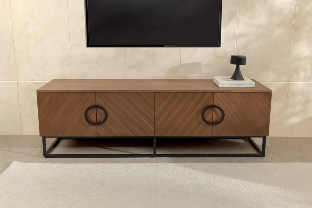 Comoda TV din MDF/Furnir de nuc Maro si Metal Negru L180xH60cm GRANDEZZA