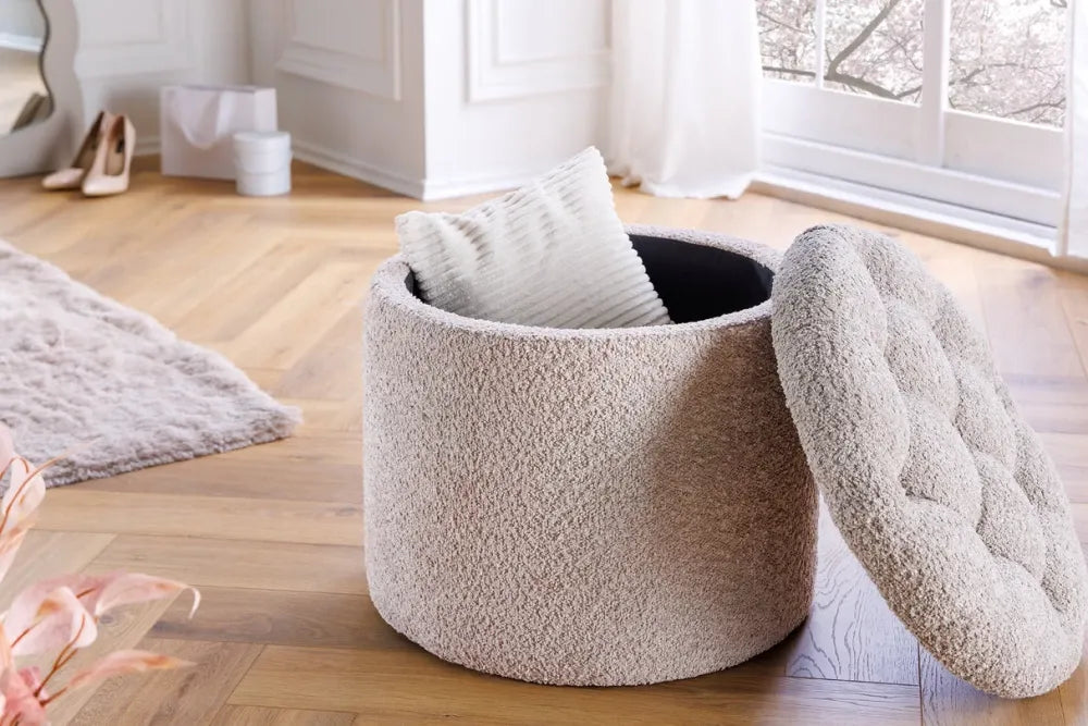 Puf cu spatiu de depozitare din Stofa boucle Bej H43xL50cm Modern Barock