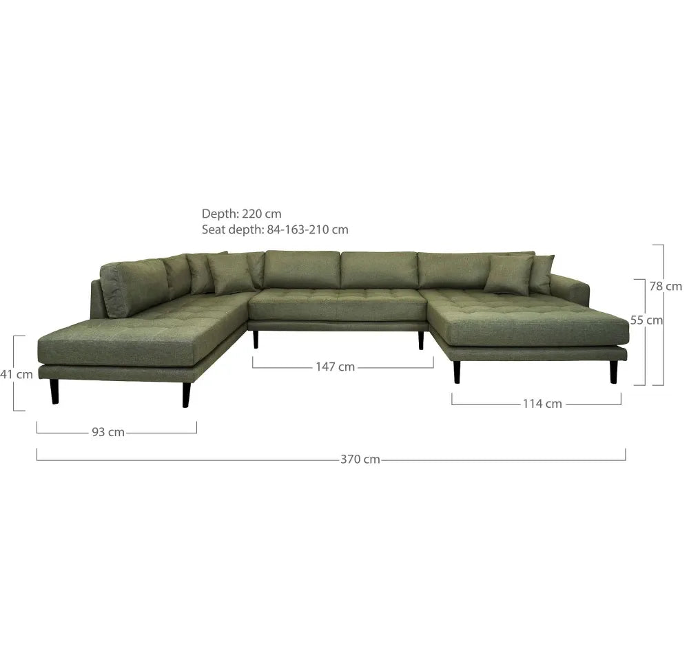 Coltar in forma de U orientare dreapta cu picioare din Lemn de fag Negru tapitat cu Stofa Verde L370xH76cm Lido