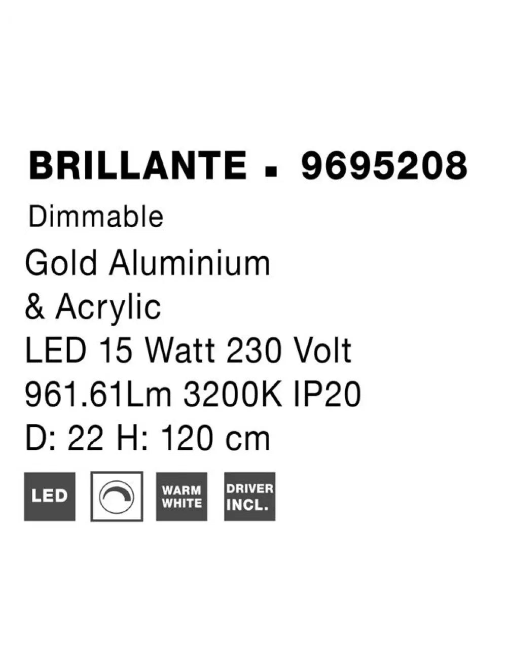 Candelabru structura din Aluminiu Auriu si abajur din Acrilic Transparent H120xL22cm IP20 16W 665lm 3200k BRILLANTE