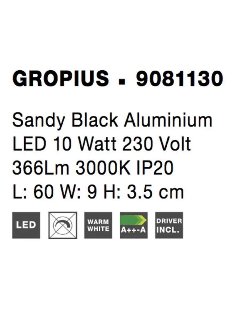 Aplica de perete din Aluminiu Negru H3.5xL60cm IP20 10W 366lm 3000k GROPIUS