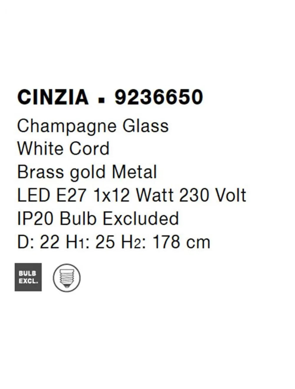 Pendul structura din Metal Auriu si abajur din Sticla Auriu H178xL22cm IP20 CINZIA
