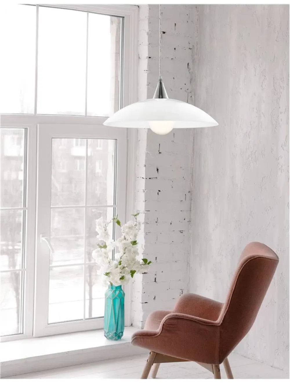 Pendul structura din Metal Argintiu si abajur din Sticla Alb H100xL40cm IP20 VICINO