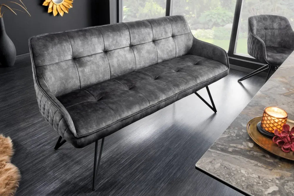 Banca din Metal Negru si Catifea Gri inchis H84xL156cm Euphoria