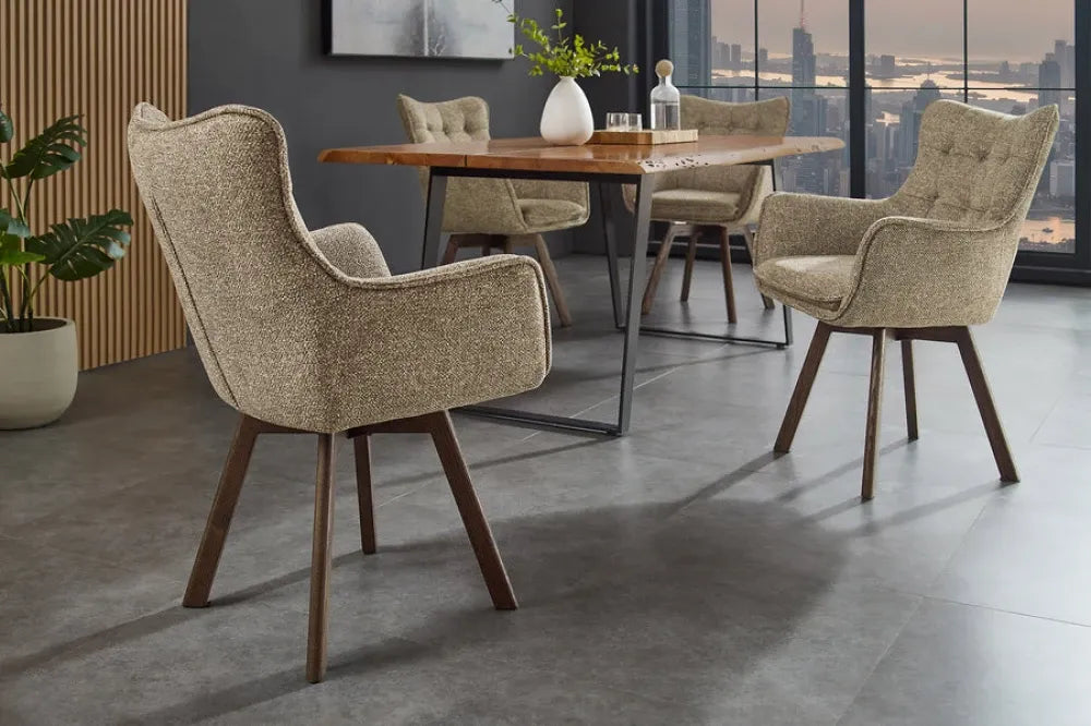 Set 2 scaune rotative tapitat cu Stofa Gri taupe si picioare din Lemn de stejar Maro H94xL58xA64cm THOR