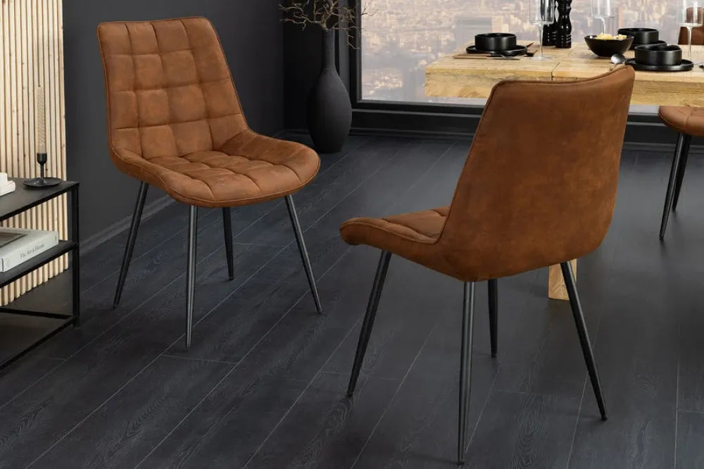 Set 4 scaune tapitat cu Microfibra Maro cognac si picioare din Metal Negru H85xL51xA59cm ROADSTAR