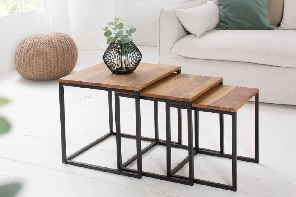 Set 3 masute laterale Patrate din Lemn de sheesham Maro si Metal Negru L30/35/40xH36/40/42cm Elements