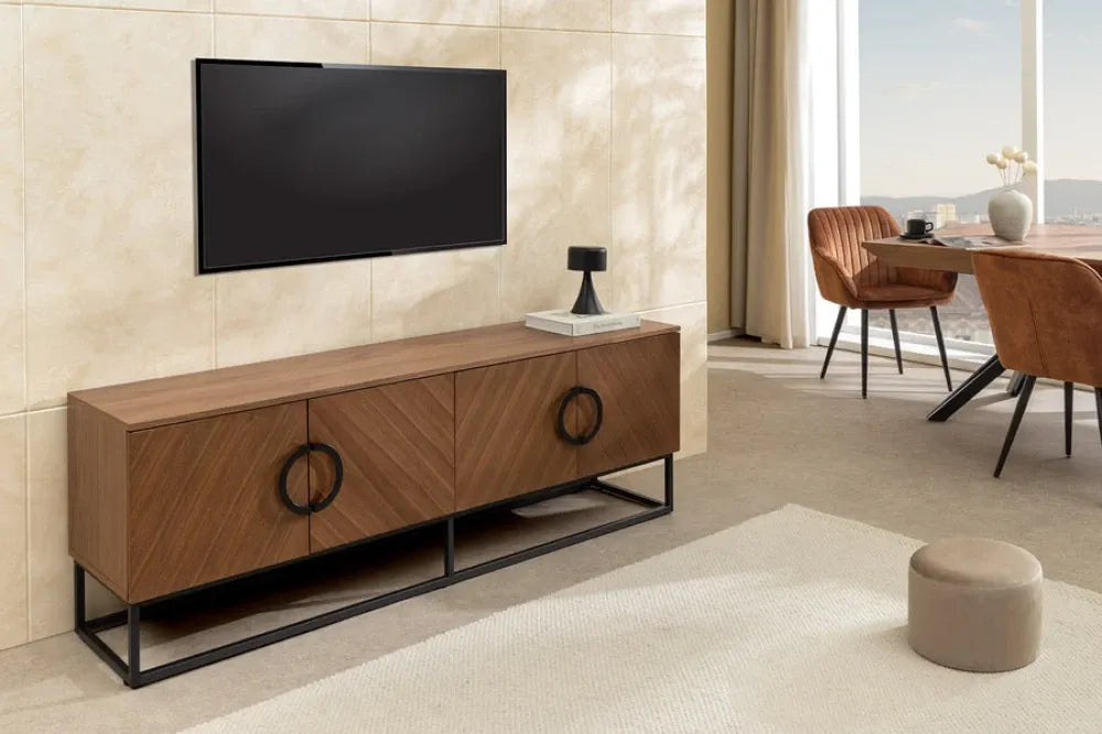 Comoda TV din MDF/Furnir de nuc Maro si Metal Negru L180xH60cm GRANDEZZA