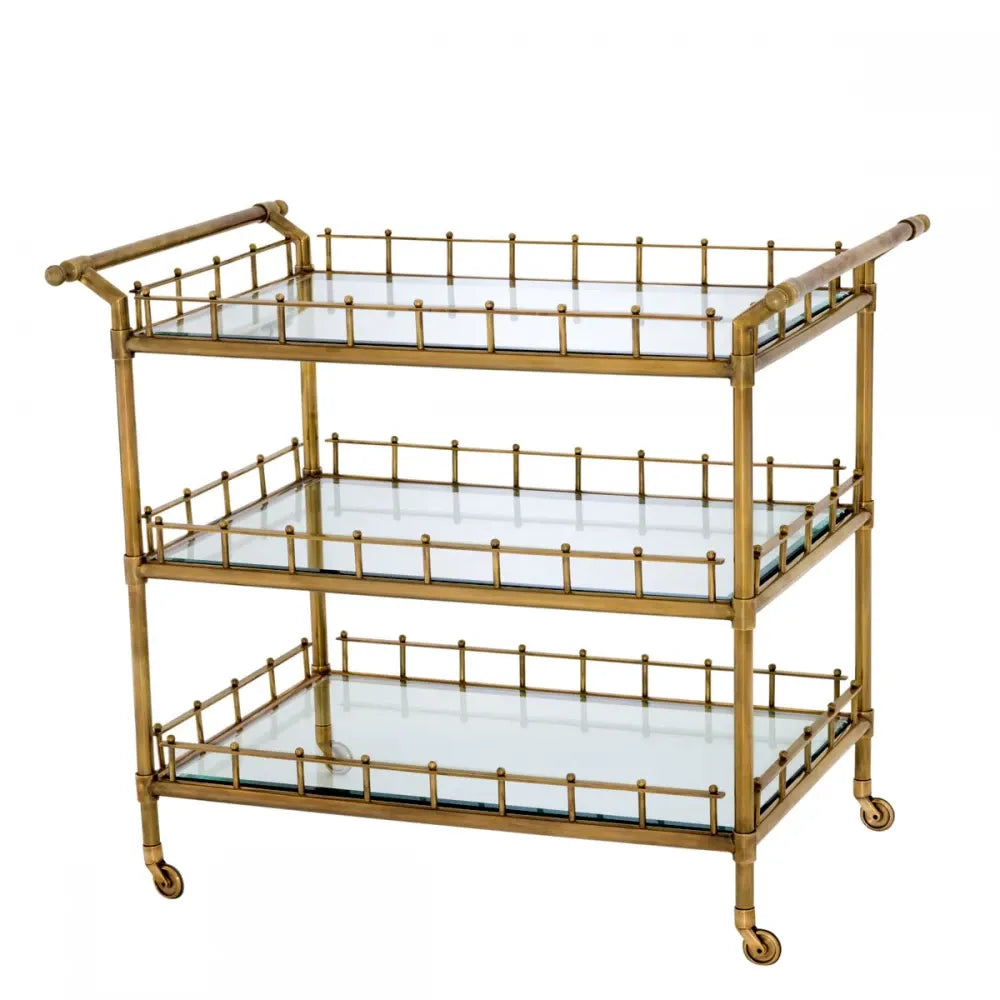 Carucior de servire Dreptunghiulara din Otel inoxidabil Alama si Sticla Transparent L102xl72cm Scarlett Eichholtz