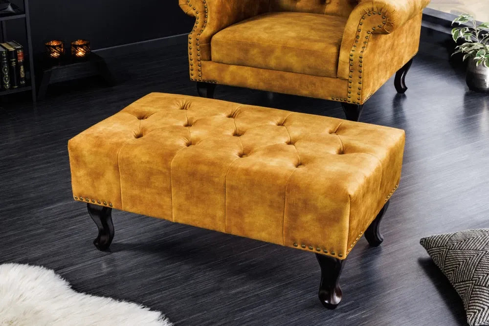 Puf din Lemn de pin Maro inchis si Catifea Galben H40xL80cm Chesterfield