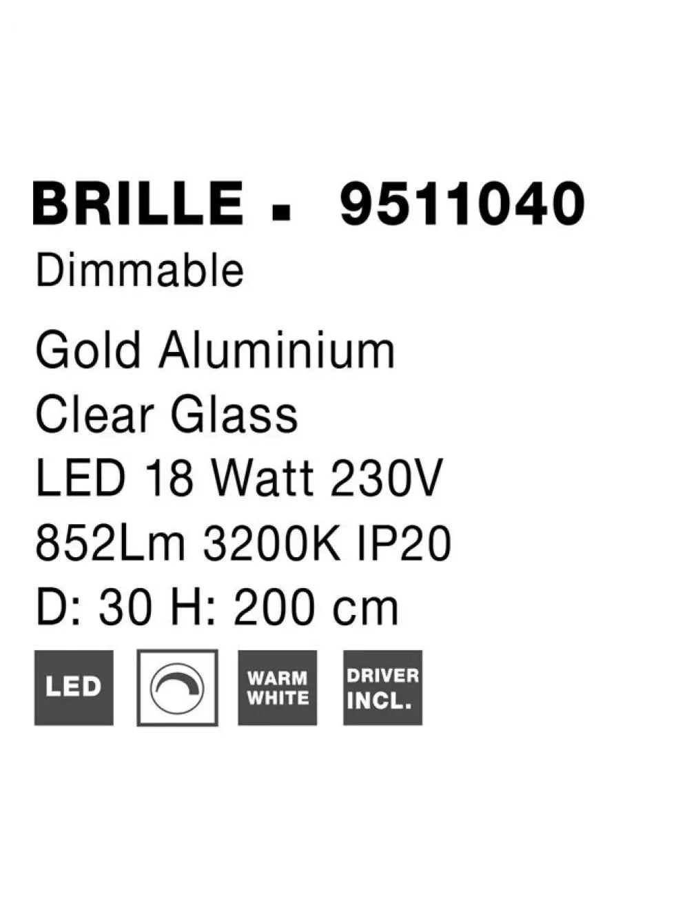 Candelabru structura din Aluminiu Auriu si abajur din Acrilic Transparent H200xL30cm IP20 19W 1232lm 3200k BRILLE