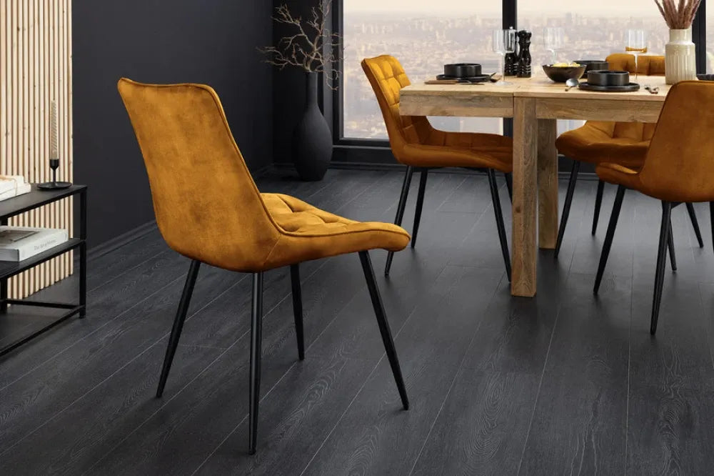 Set 4 scaune tapitat cu Catifea Galben si picioare din Metal Negru H85xL51xA59cm ROADSTAR