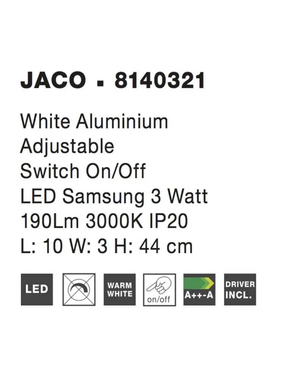 Aplica de perete din Aluminiu Alb H44xL10cm IP20 3W 190lm 3000k JACO