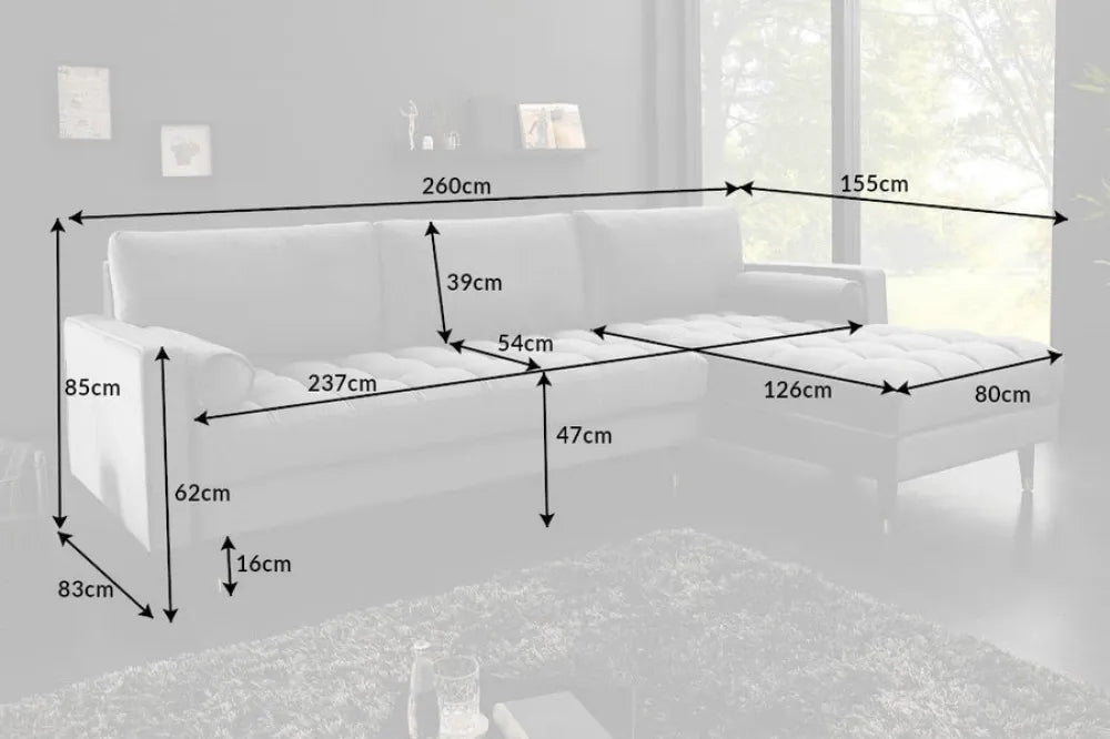 Coltar cu orientare reversibila tapitat cu Catifea Gri L260cm Cozy