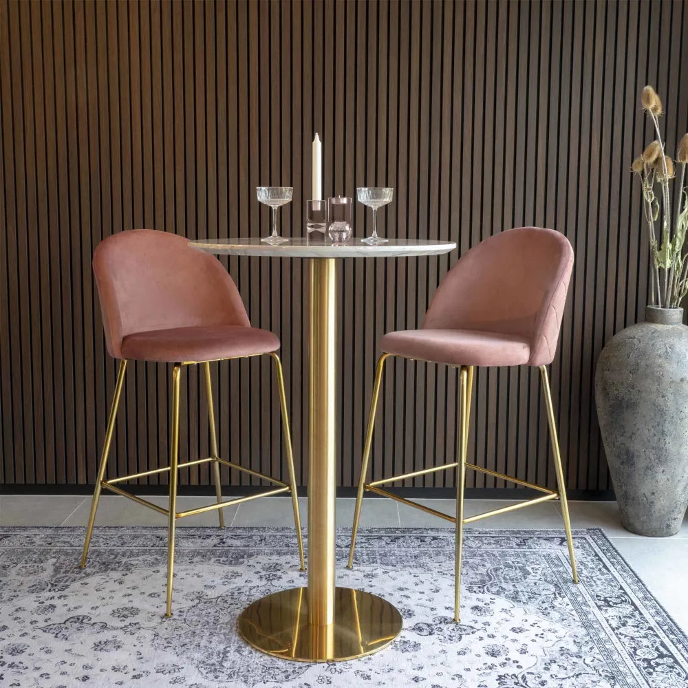 Masa bar din Metal Alama si MDf Alb cu efect de marmura D70xH105cm Bolzano