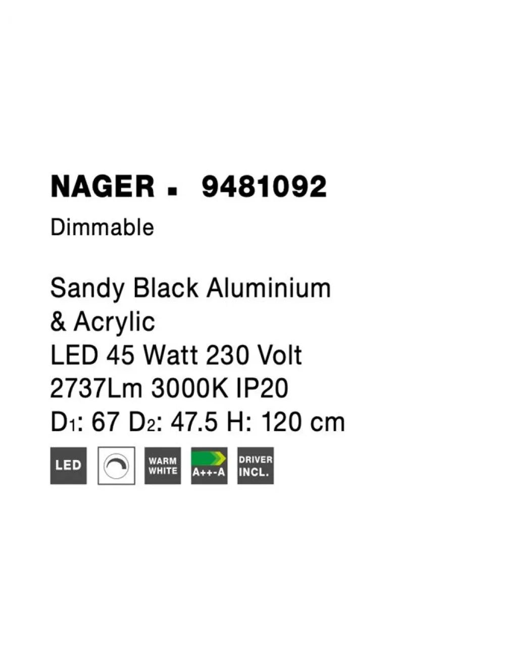 Lustra din Aluminiu Negru H120xL67cm IP20 45W 2737lm 3000k NAGER