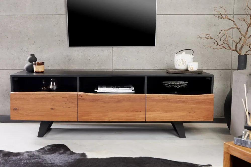 Comoda TV din MDF/Lemn de salcam Negru/Maro si Metal Negru L140xH50cm ORGANIC ARTWORK