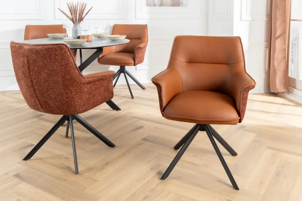 Set 2 scaune rotative tapitat cu Piele/Stofa Maro cognac si picioare din Metal Negru H87xL68xA68cm LE GRAND