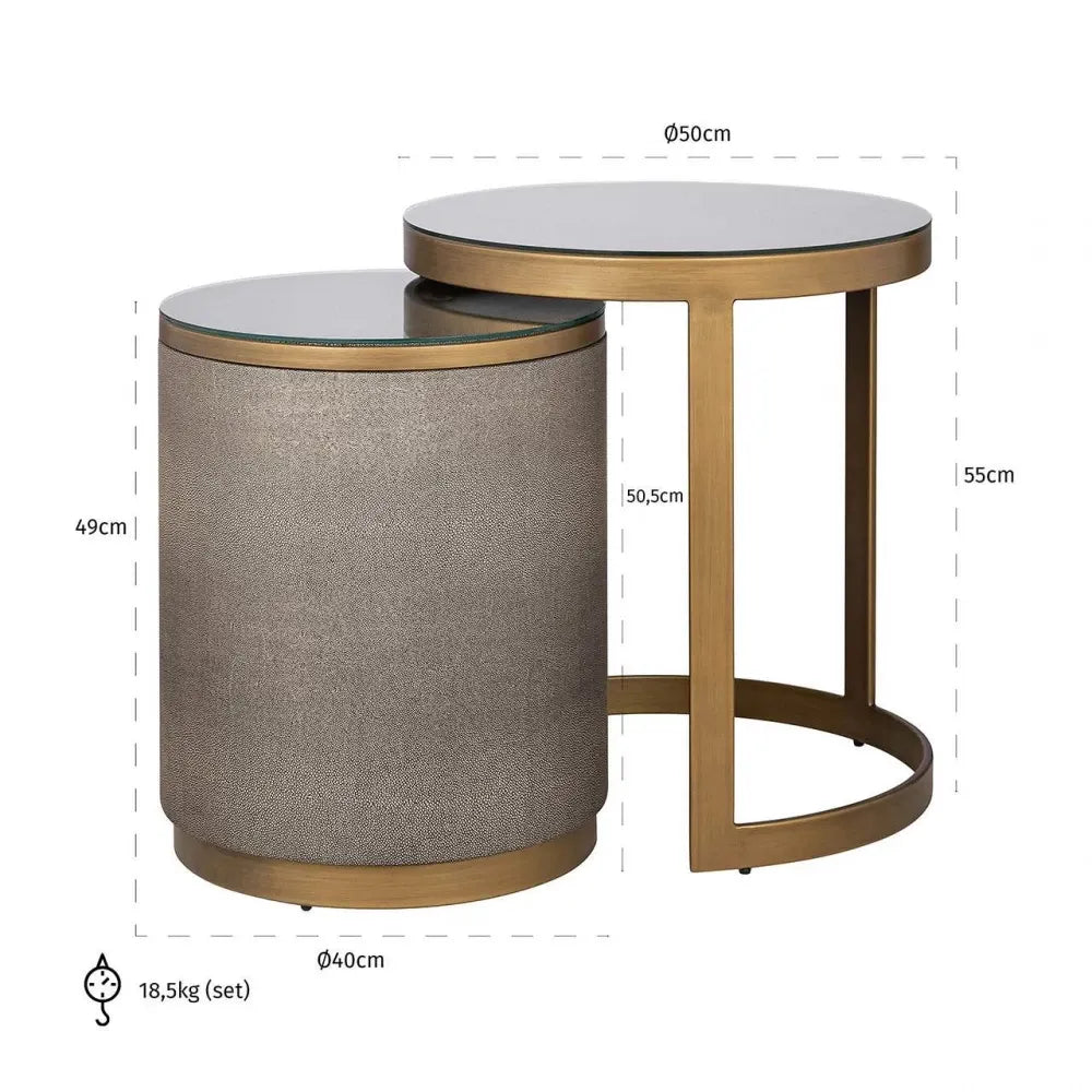 Set 2 masute de cafea Rotunda din Sticla Transparent si Metal/Piele ecologica Alama/Bej D40/50xH49/55cm Bloomville