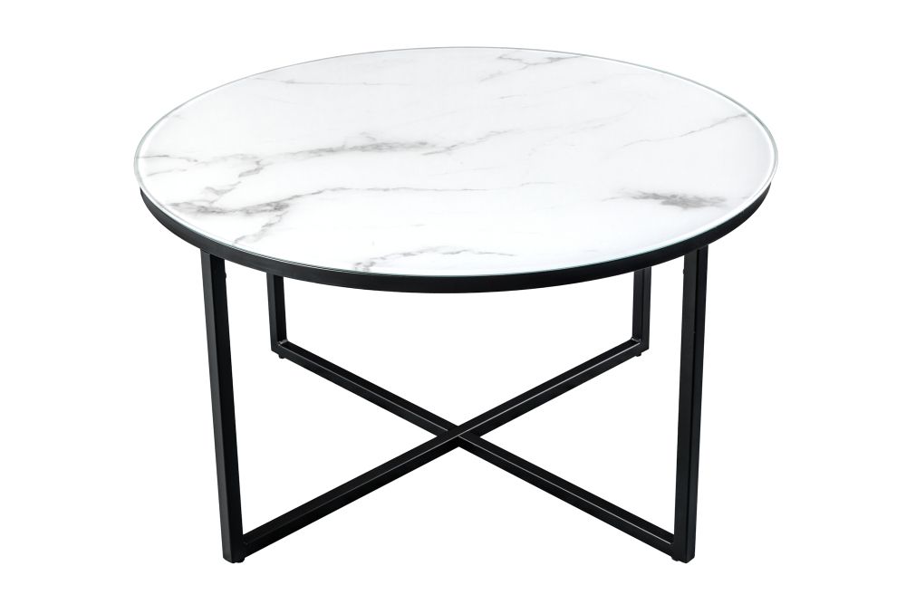 Masuta de cafea Rotunda din Sticla securizata si Metal Alb/Negru D80xH45cm Elegance