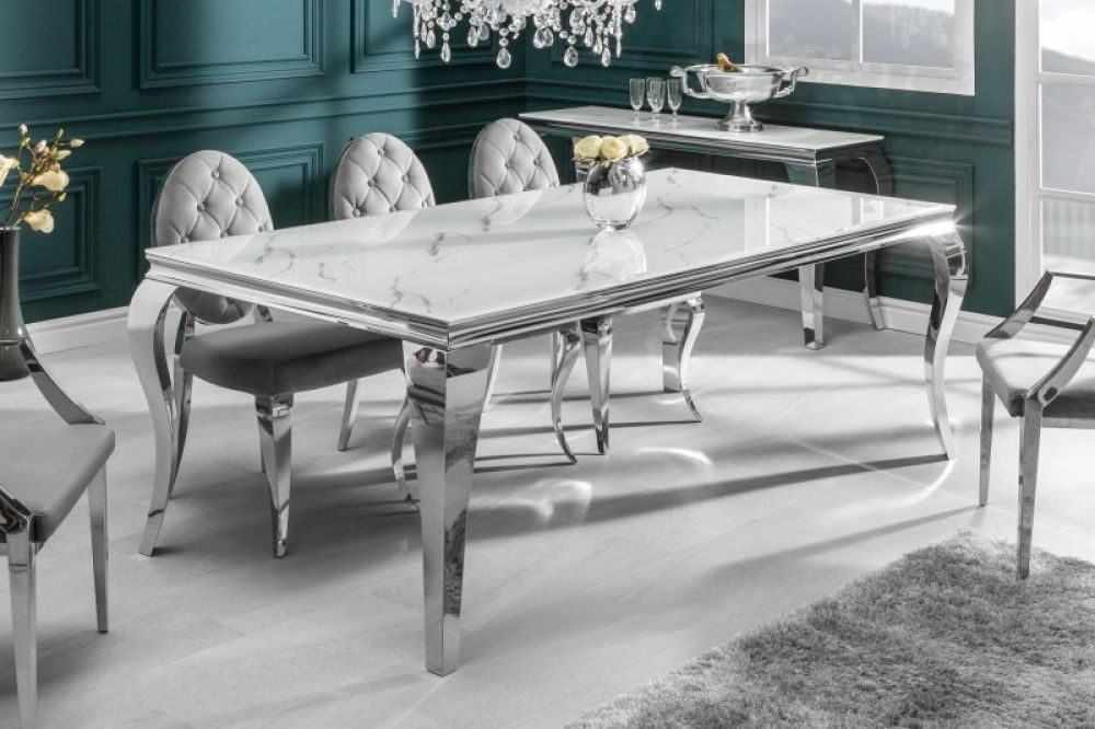 Masa dreptunghiulara din Sticla securizata Alb/Gri de 8 persoane L200x105cm Baroque