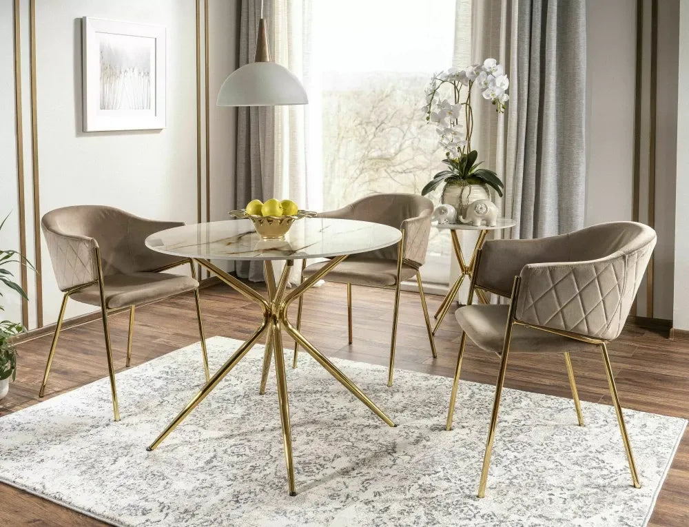 Scaun tapitat cu Catifea Bej cu picioare din Metal Auriu H77xL55xA45cm Bono