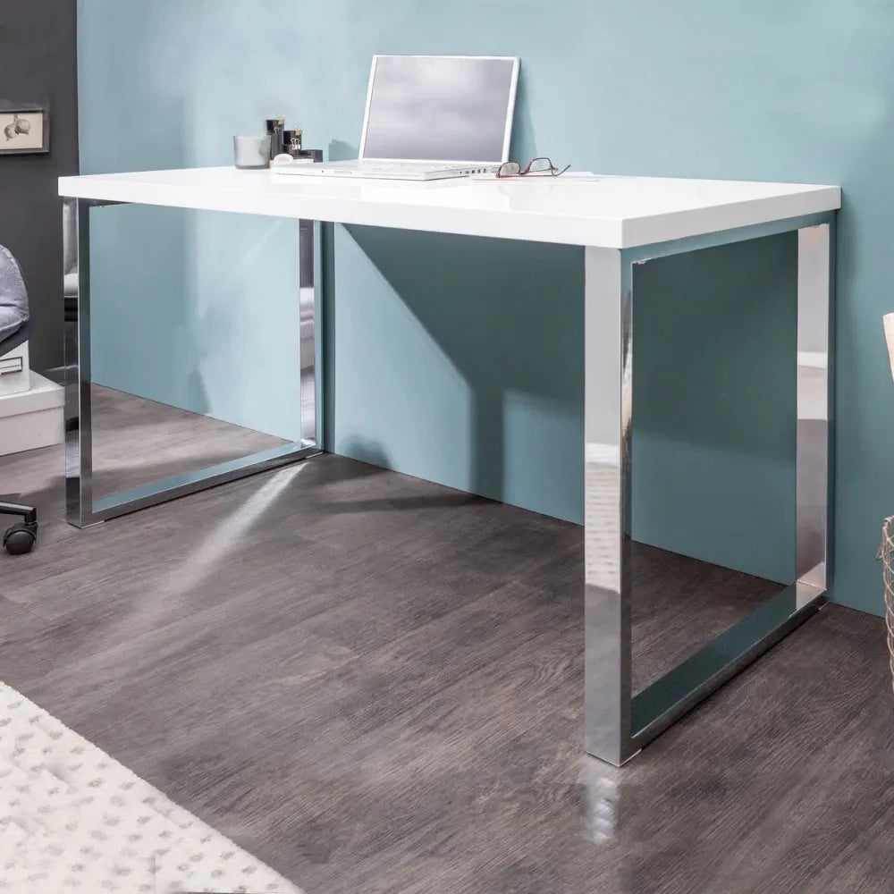 Birou din MDF Alb lucios si Metal Argintiu L120xH75cm White