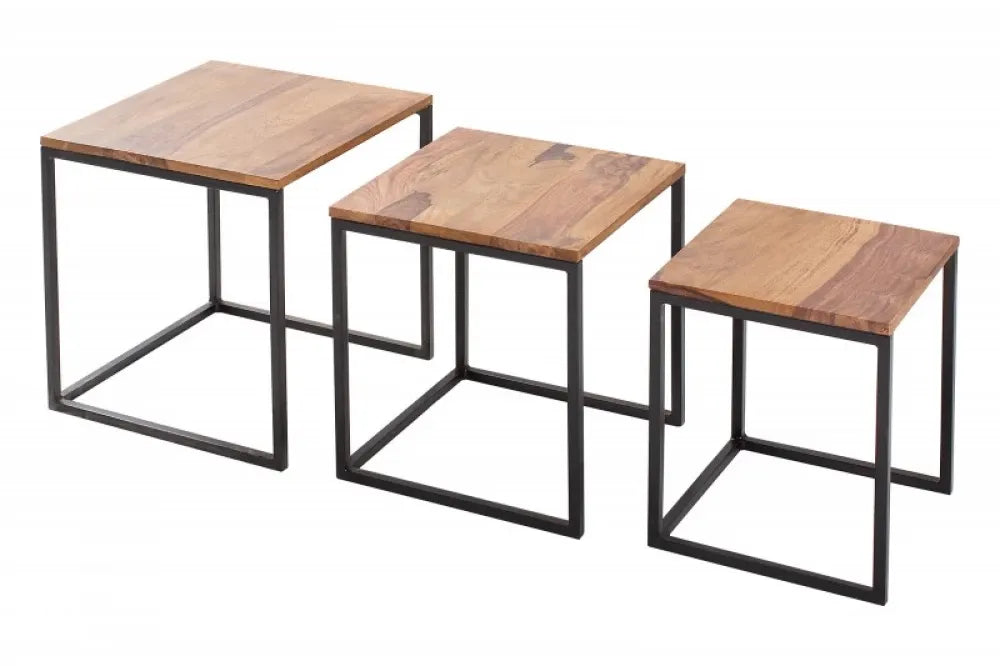 Set 3 masute laterale Patrate din Lemn de sheesham Maro si Metal Negru L30/35/40xH36/40/42cm Elements