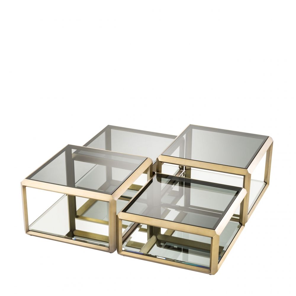Set 4 masute de cafea Patrate din Otel inoxidabil si Sticla Auriu/Transparent L75xH36/48cm Callum