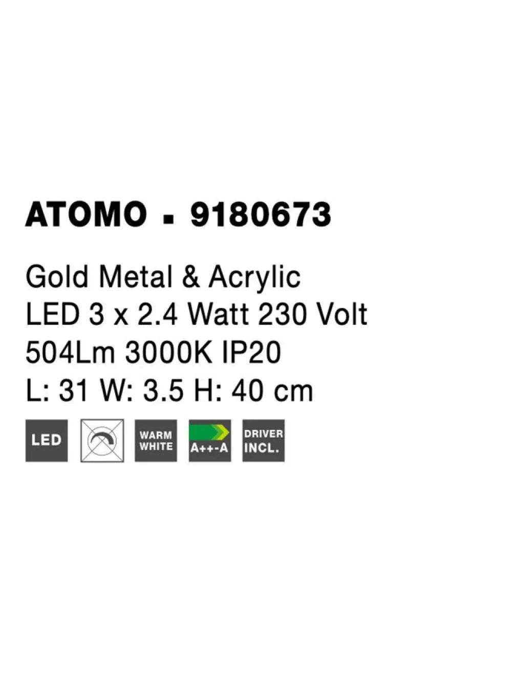 Aplica de perete structura din Metal Auriu si abajur din Acrilic Alb H40xL31cm IP20 9W 605lm 3000k ATOMO