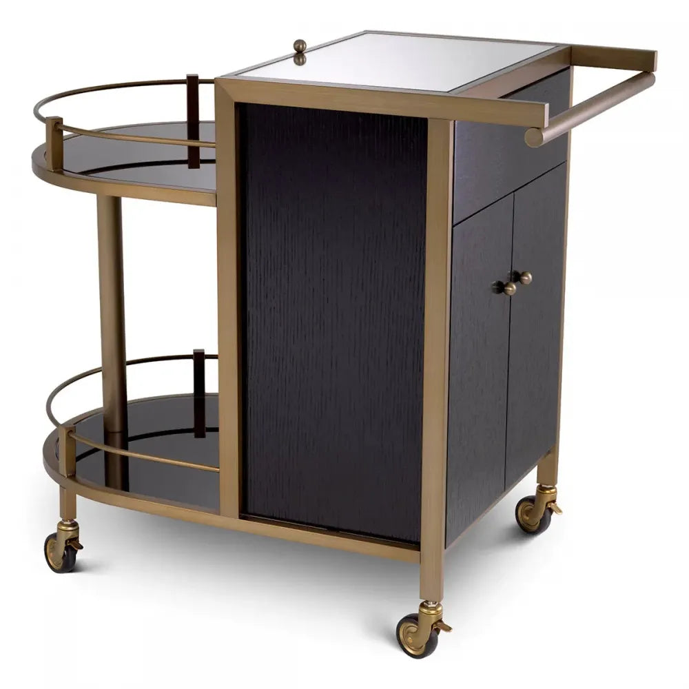 Carucior de servire Asimetrica din Otel inoxidabil/Furnir de stejar Alama/Negru si Oglinda L88xl50cm Bellini Eichholtz