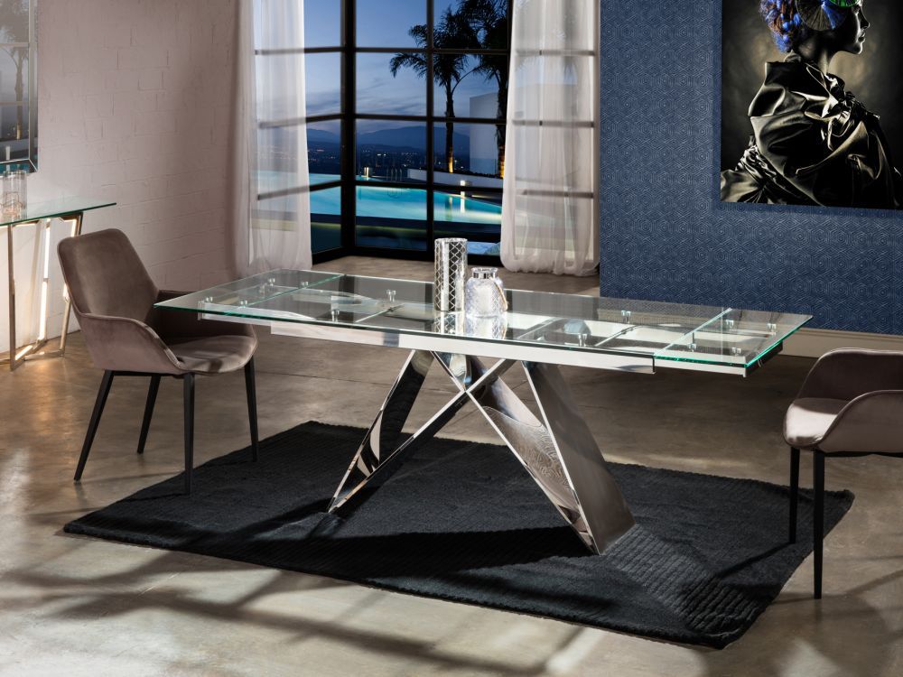 Masa extensibila dreptunghiulara din Sticla securizata Transparent/Argintiu de 6-8 persoane L160/220x90cm Mika