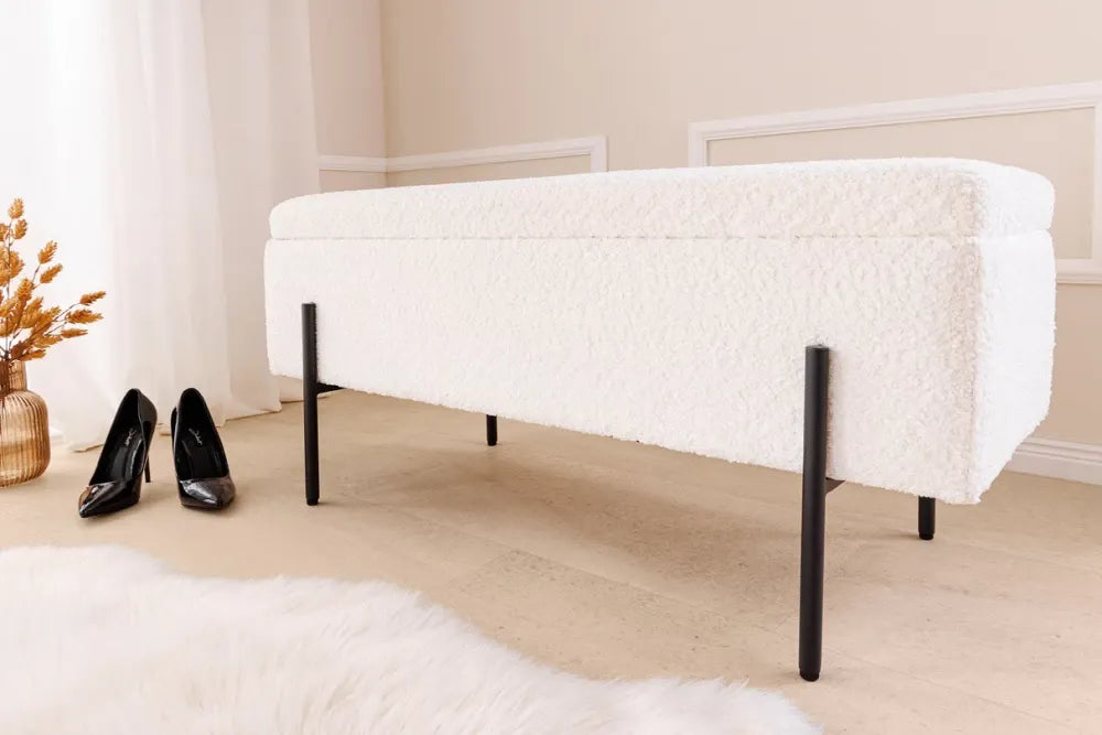 Bancheta cu spatiu de depozitare din Metal Negru si Stofa boucle Alb H46xL100cm Loft