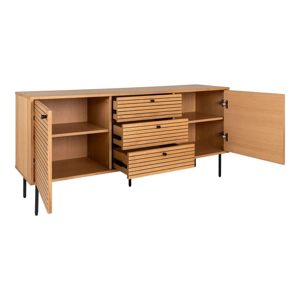Comoda 3 setare 2 usi din Furnir de stejar/MDF Maro si Metal Negru L150xH74cm Kyoto
