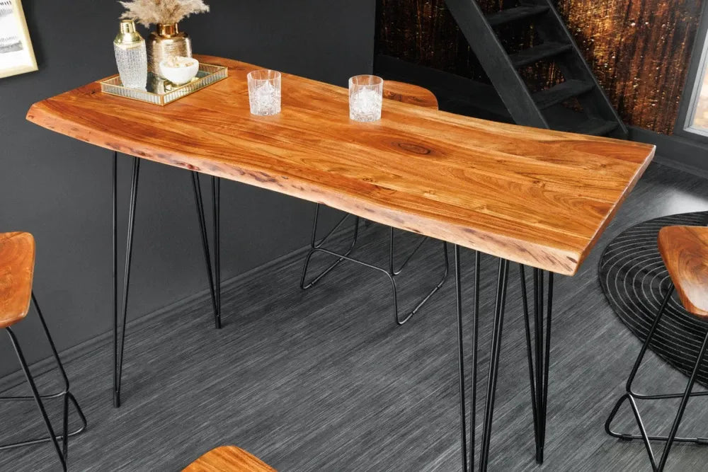 Masa bar din Lemn de salcam Maro si Metal Negru L140xH106cm Mammut hairpin