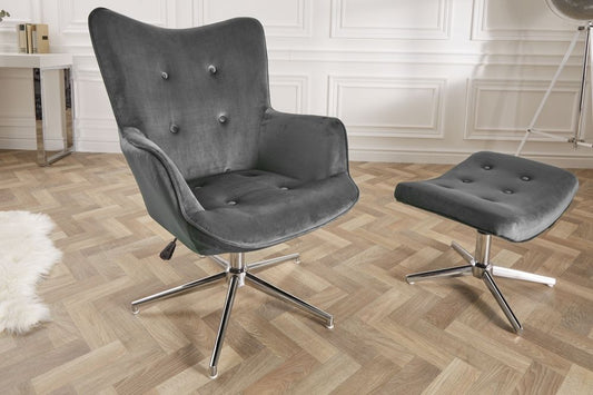 Scaun pivotant cu inaltime reglabila tapitat cu Catifea Gri cu picioare din Metal Argintiu H100-110xL72xA80cm Lounger