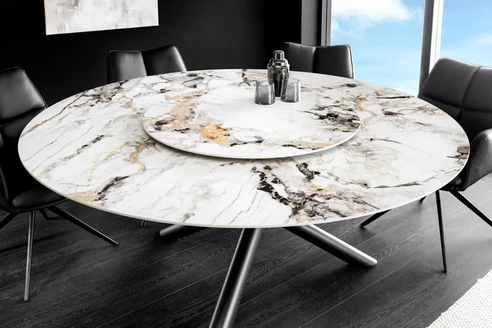 Masa rotunda din Sticla securizata/Ceramica Multicolor si Metal Negru D150xH76cm Spin