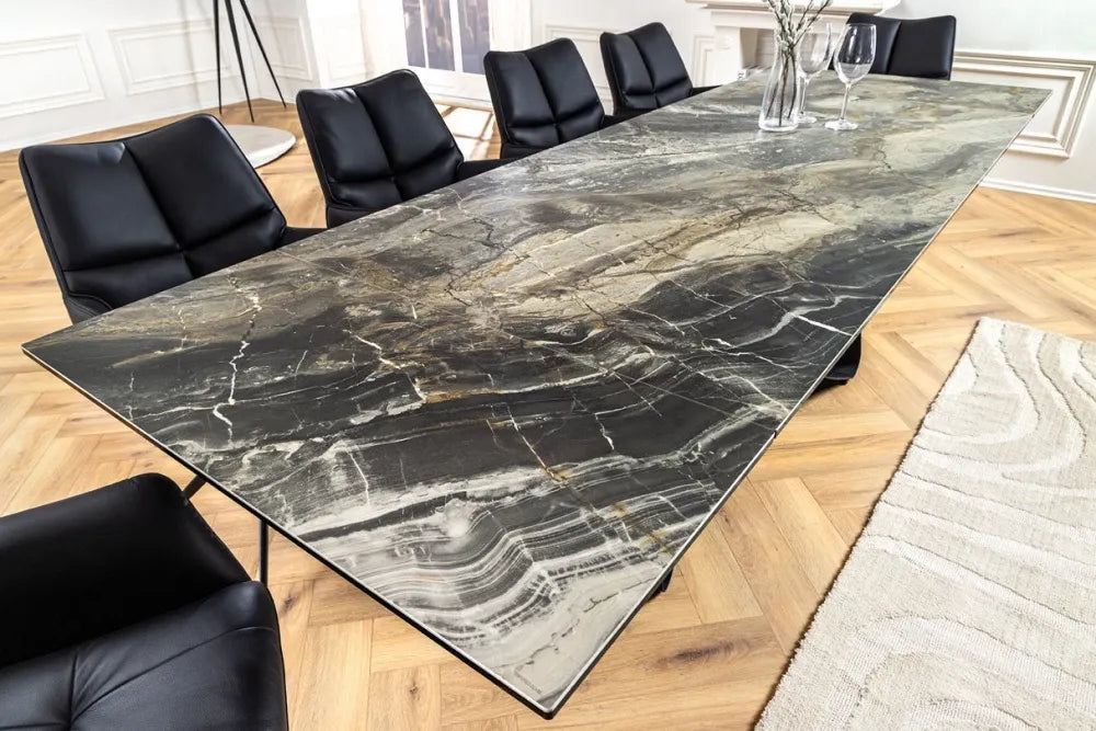 Masa din Sticla securizata/Ceramica Maro taupe si Metal Negru L180-220-260xH76cm Infinity